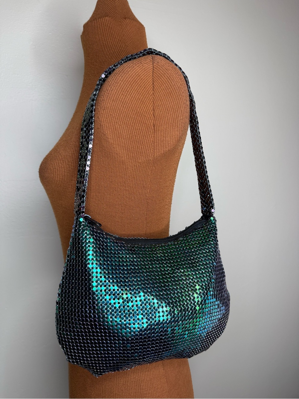 Shimmer Mesh Shoulder Bag in Iridescent Teal-Blue